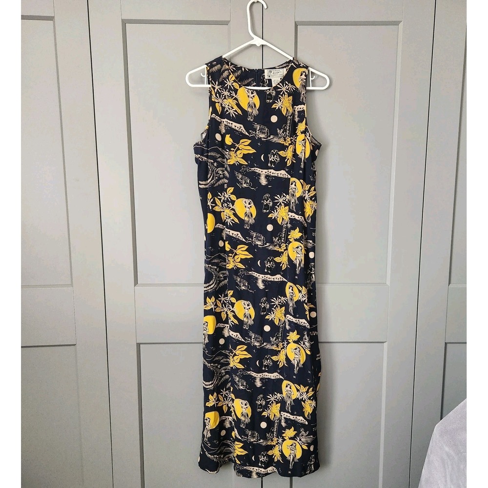 Vintage Avanti Silk Hawaiian Maxi Dress XL Navy Yellow Hula Dancer Tropical Luau